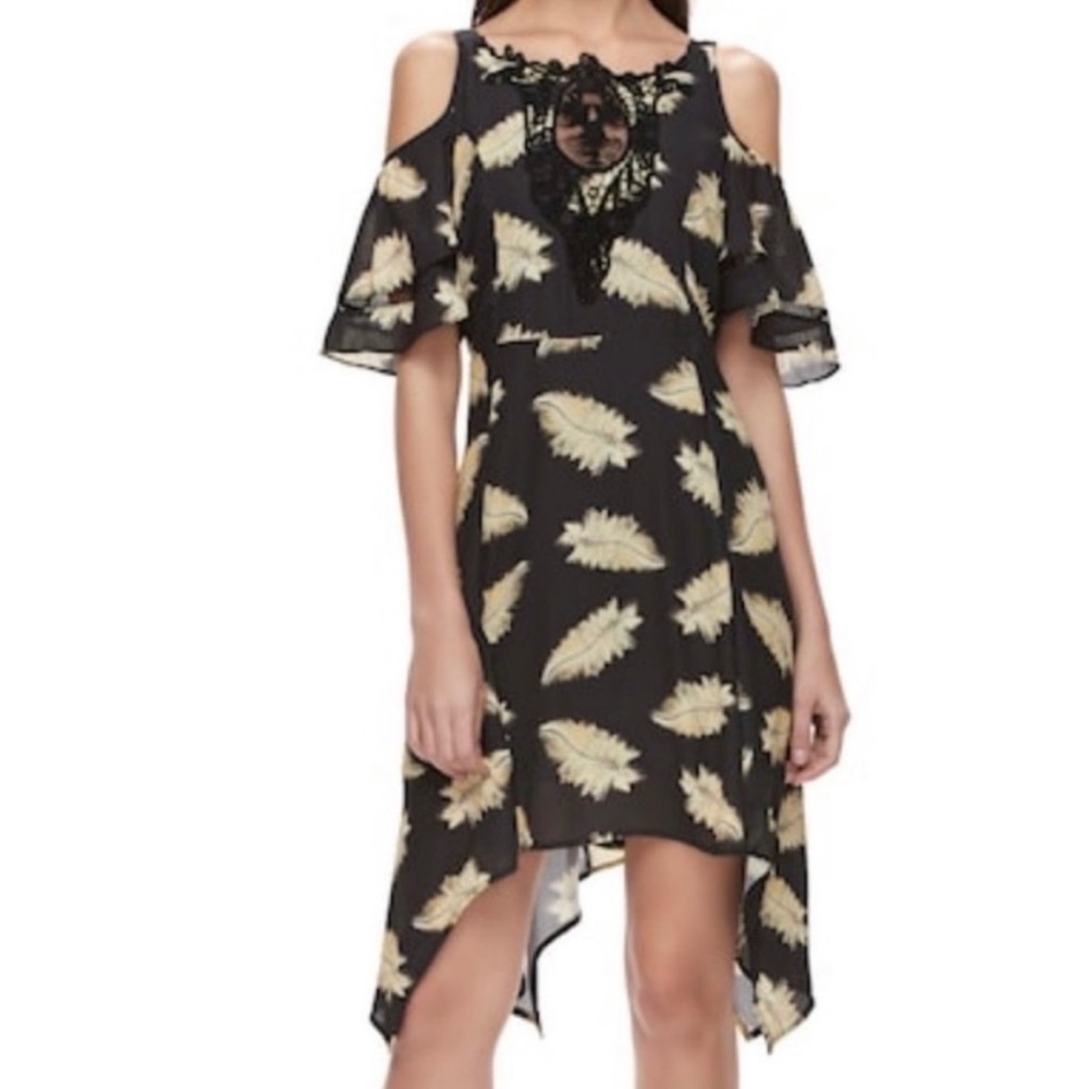 DISNEY Beauty And The Beast Feather Print Cold Shoulder Dress—SZ. Small
